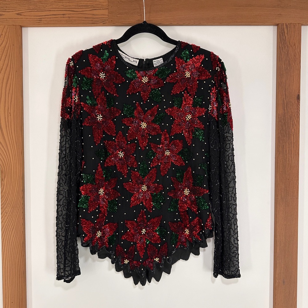 VTG Scala Beaded Silk Poinsettia Christmas Top Women XL Black Red‎ Sequin Blouse